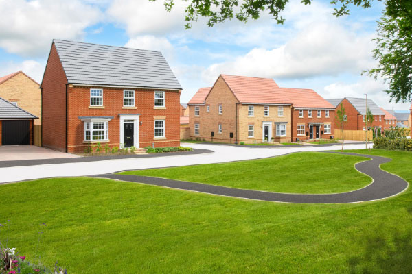 red and buff brick homes and green space